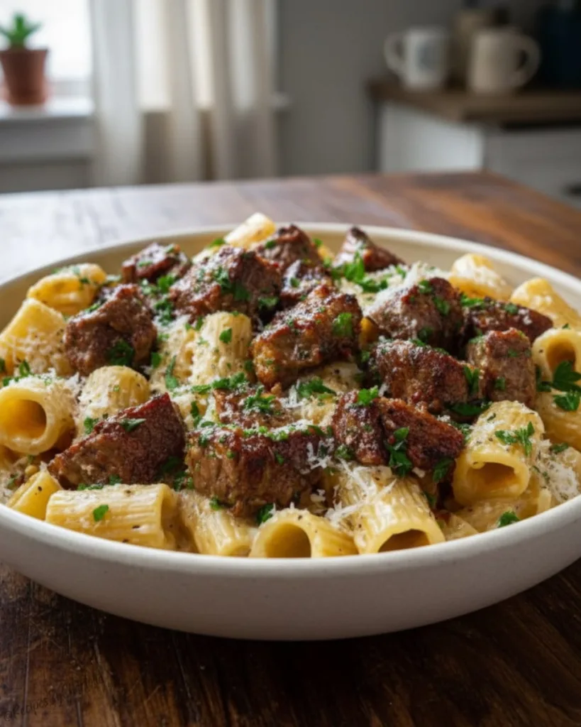 Cajun Steak Tips in Cheesy Rigatoni Parmesan Sauce