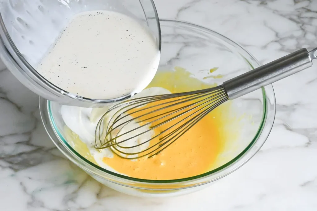 Slowly whisk the warm cream into the egg mixture.