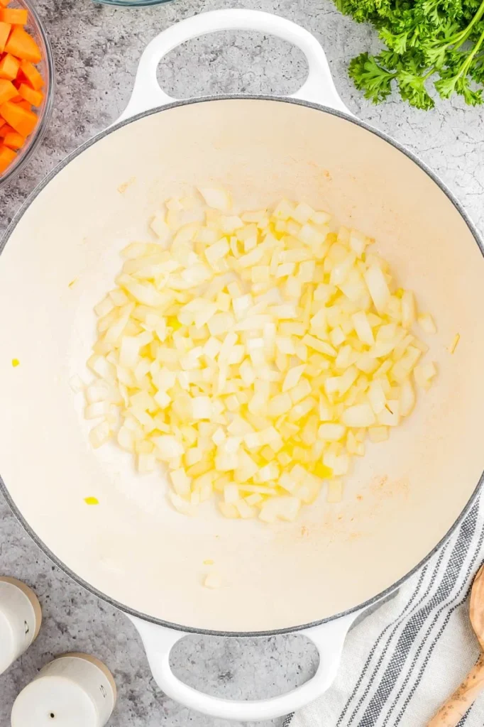 Heat the olive oil in a large pot over medium-high heat. Add the diced onion and cook for about 3 to 4 minutes, stirring often, until it starts to soften.