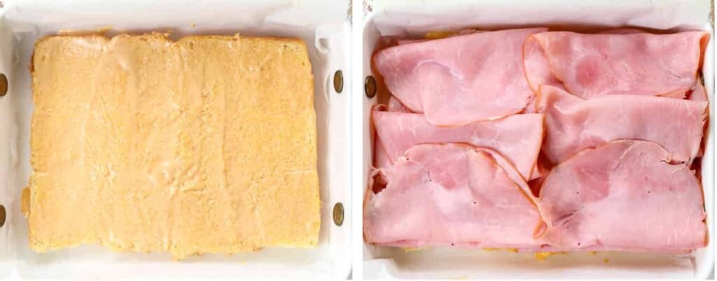 Layer half of the ham over the rolls, then all of the cheese, then the remaining ham.