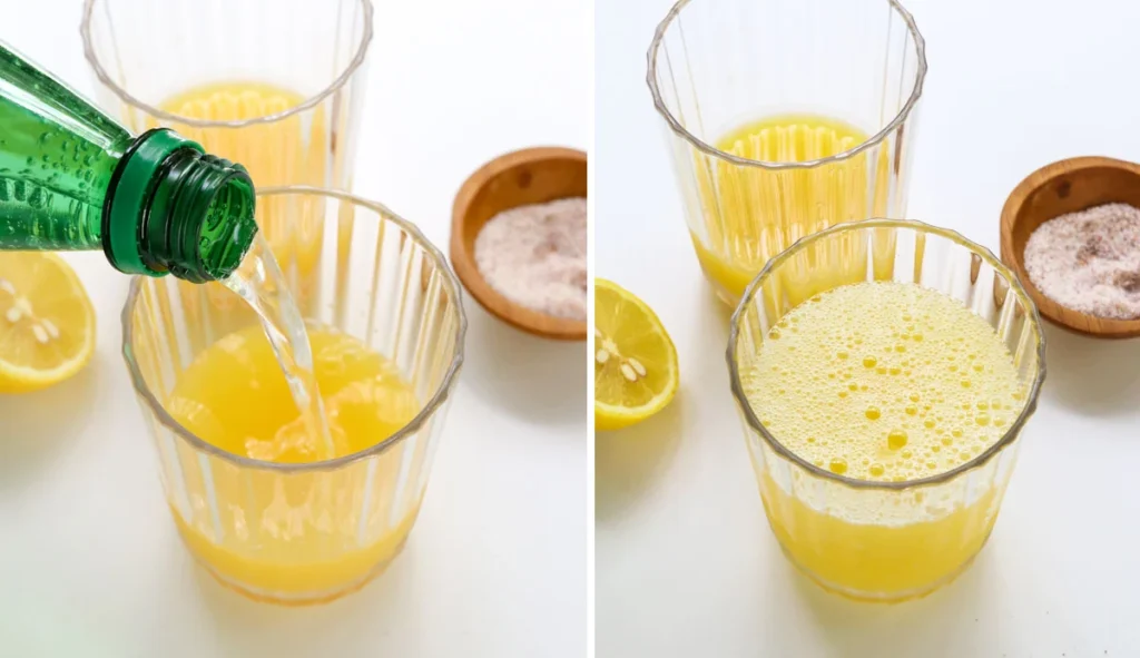 Pour in the orange juice. Add the coconut water or the sparkly stuff.