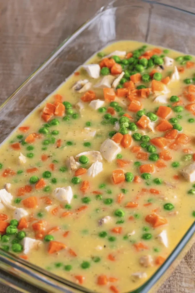 Pour this mixture evenly over the chicken and vegetable layers without stirring