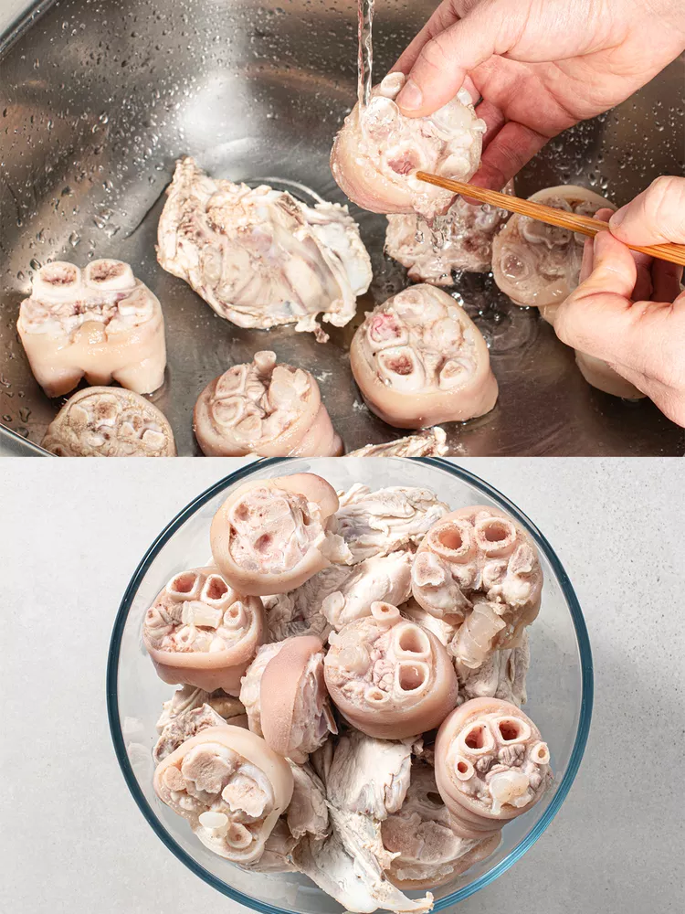 Rinse bones thoroughly under cold running water, removing dark marrow or coagulated blood. Bones should appear uniformly grey or white.