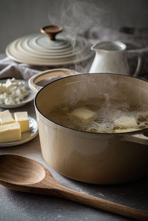 Stir in the cold butter cubes while the potatoes are hot, using a wooden spoon. Mix until the butter melts and the potatoes become smooth and glossy