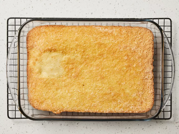 Bake until golden and a toothpick inserted in the center comes out clean. Let the cake cool in the pan