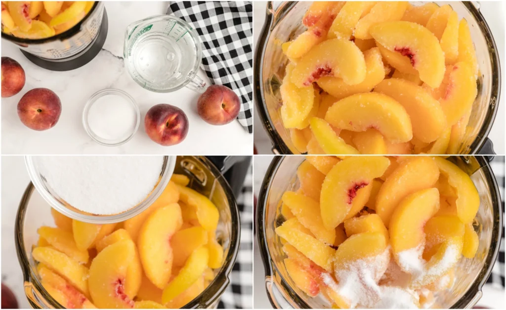 Combine the frozen peaches, soda, and sugar in a blender