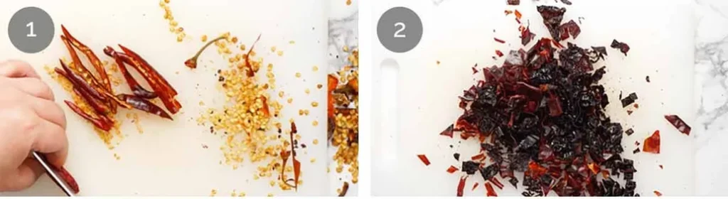 Deseed and chop dried chillies