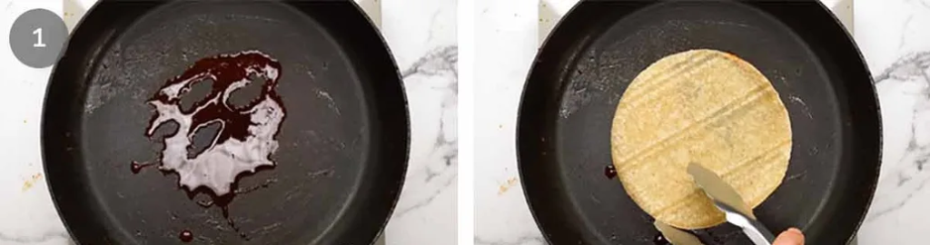 Heat 1 teaspoon reserved birria oil in skillet. Lightly coat one tortilla in oil until red and softened