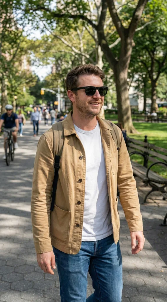 Daniel Harper, Founder of Mostly About Food wearing beige jacket, shite shirt, blue jeans and black sunglasses in a park.