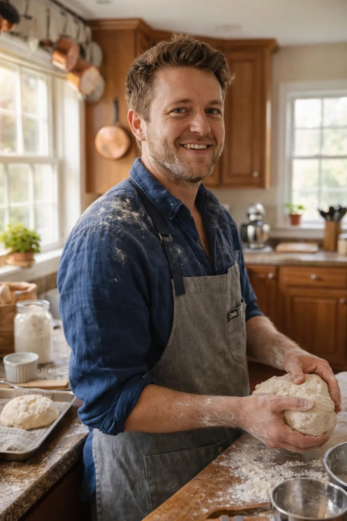 Daniel Harper, Founder of Mostly About Food standing in kitchen with wheat dough in his hand.