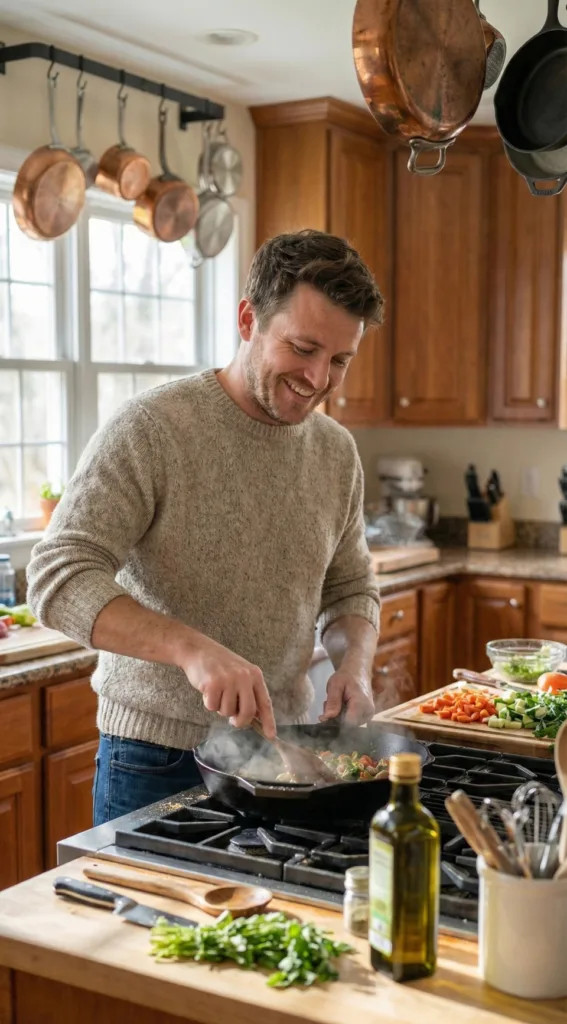 Daniel Harper, Founder of Mostly About Food wearing cream colored sweatshirt and blue jeans stirring vegetables in his kitchen.
