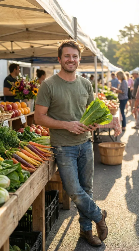 Daniel Harper, Founder of Mostly About Food wearing green shirt and blue jeans standing in the farmers' market with lettuce in his hands.