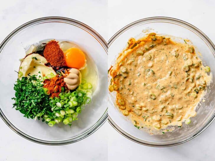 In a large bowl, whisk together the egg, green onion, mayonnaise, parsley, Dijon mustard, melted butter, Worcestershire sauce, Old Bay seasoning, and cayenne pepper