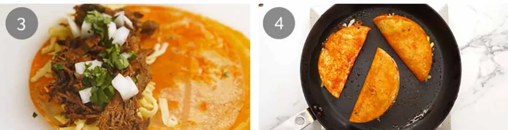 Top half of each tortilla with cheese, beef, onion, and cilantro. Fold and pan-fry over medium-high heat for about 2 minutes per side until crisp and golden-red