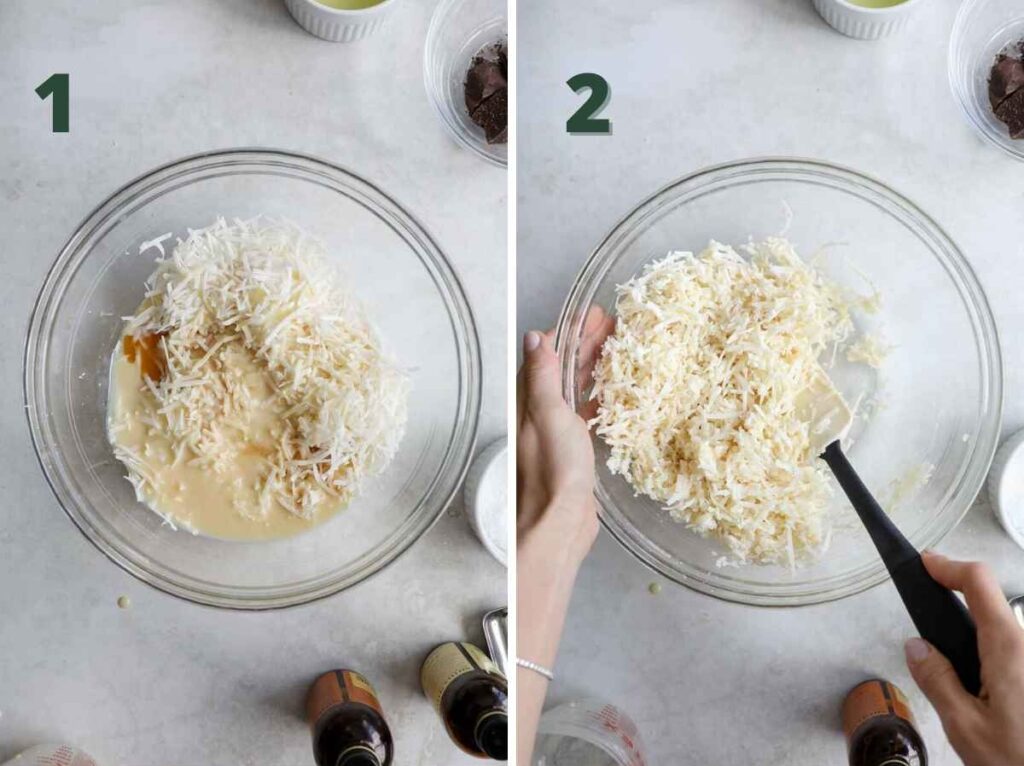 Combine the coconut flakes, condensed milk, vanilla extract, almond extract, and salt in a large bowl until evenly mixed