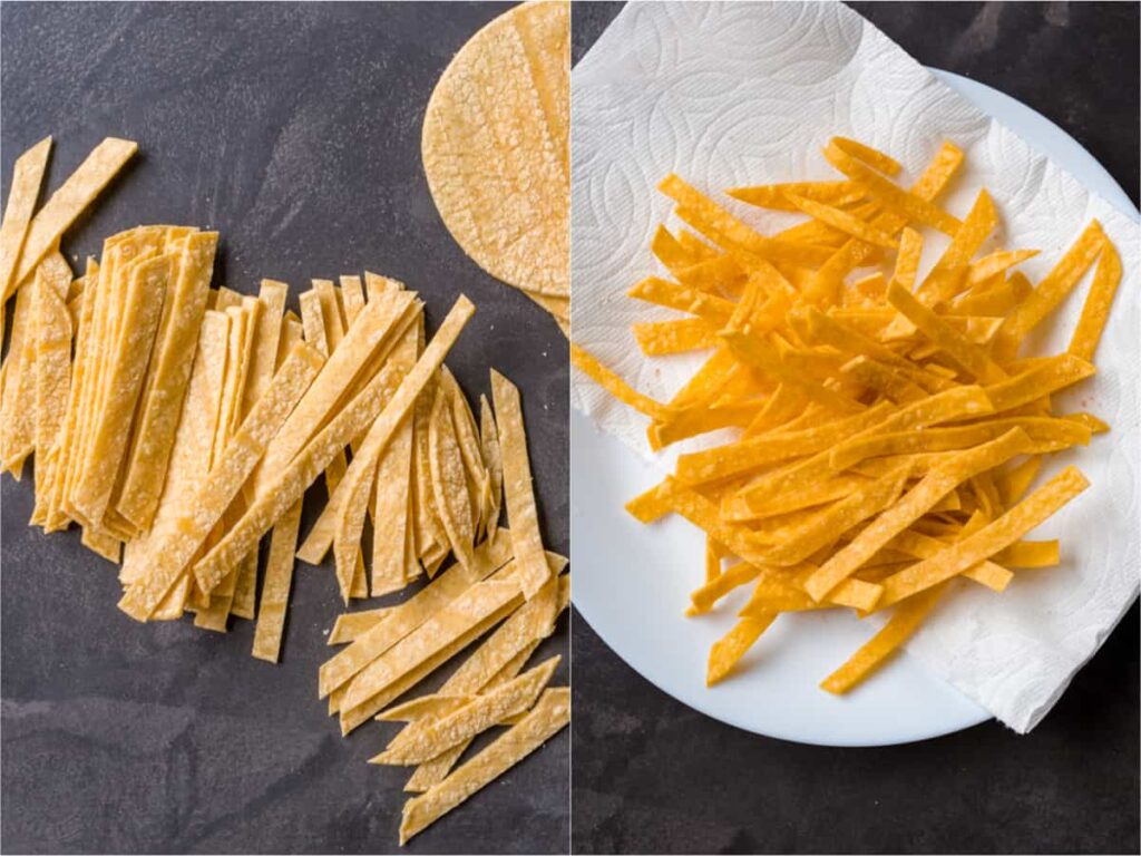 Cut the corn tortillas into thin strips and fry them in batches until crisp and golden. Transfer to paper towels to drain excess oil and set aside