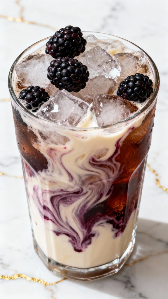Give the drink a light swirl with a straw or spoon and garnish with fresh blackberries or a pineapple slice if desired