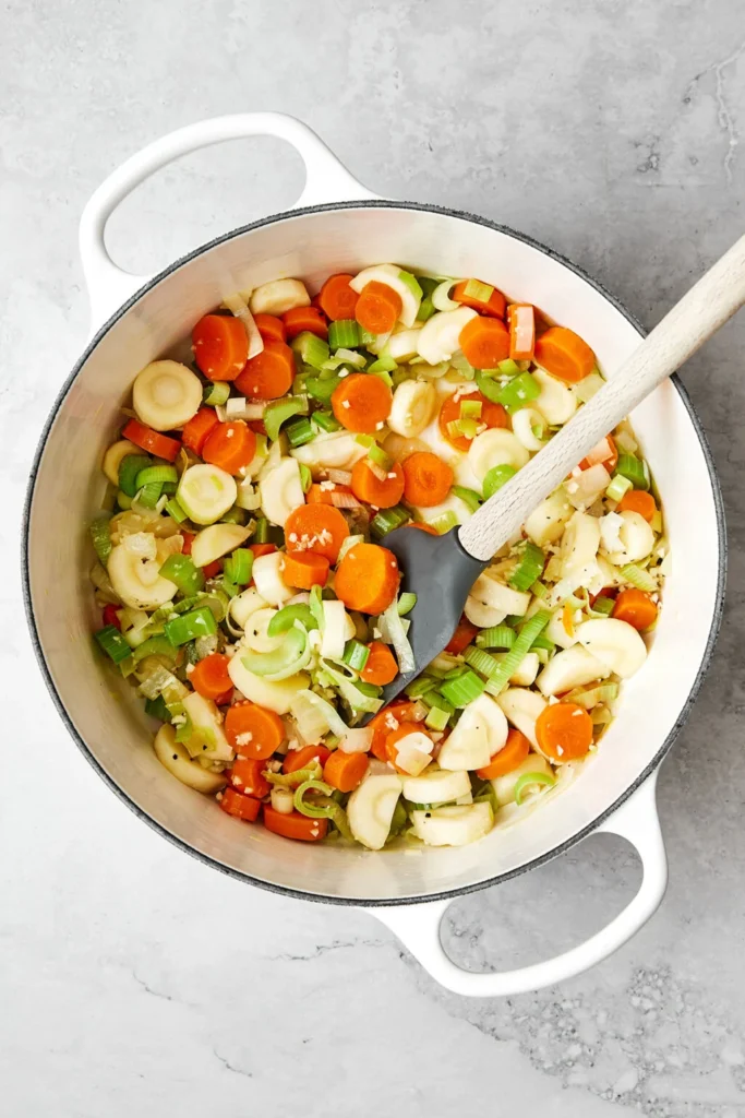 Heat the olive oil in a large pot over medium heat. Add the carrots, parsnips, celery, onion, and leek, cooking while stirring frequently until the vegetables begin to soften and release their aroma