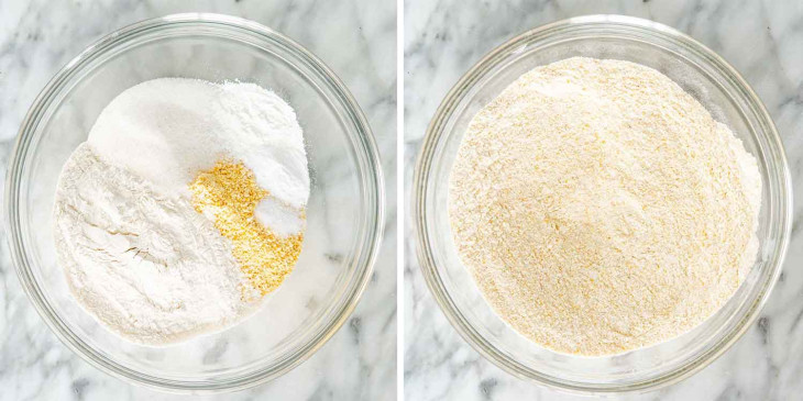 In a large bowl, whisk together the cornmeal, flour, sugar, baking powder, baking soda, and salt until evenly combined