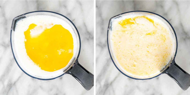 In a separate bowl, whisk the buttermilk, eggs, and melted butter, reserving a small amount of butter for greasing the skillet