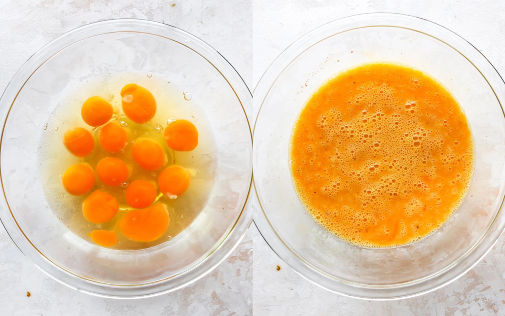 In a separate bowl, whisk the eggs until smooth then add the Dijon mustard, salt, pepper, and paprika, mixing until evenly combined