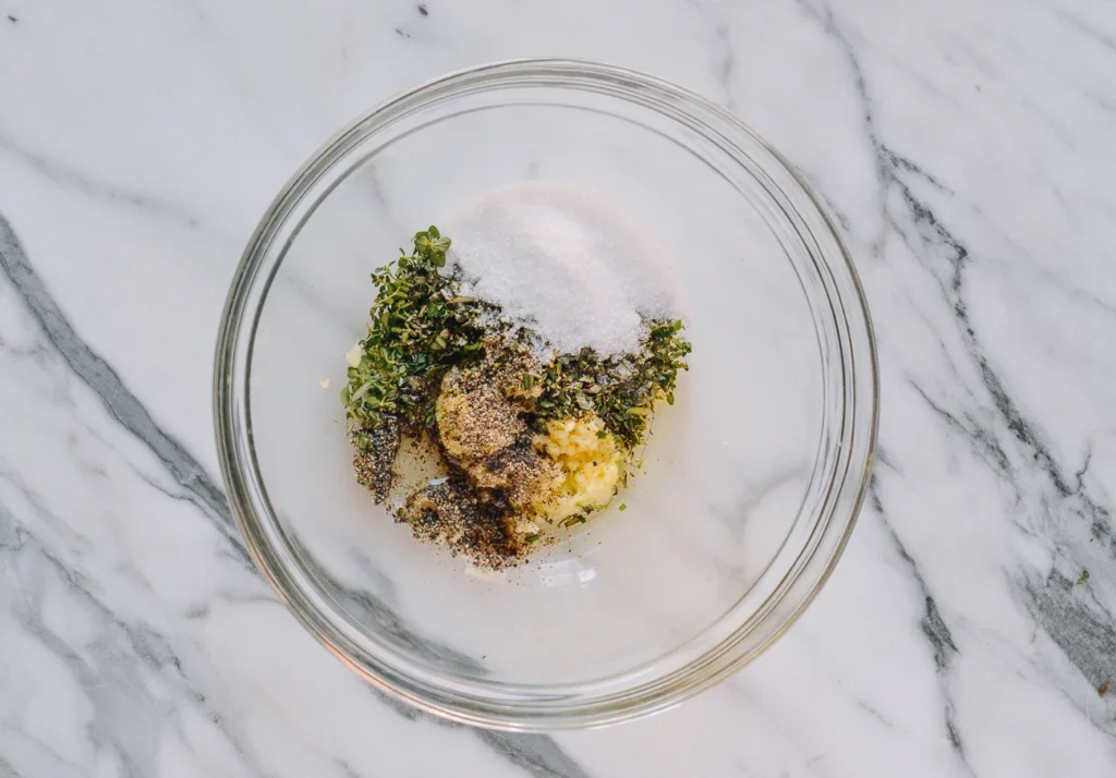 Mix salt, pepper, garlic, rosemary, thyme, and olive oil in a bowl until combined into a paste