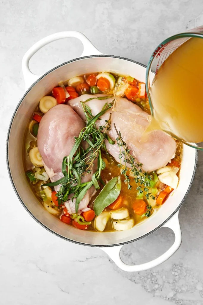 Place the chicken breasts into the pot along with the thyme, tarragon, bay leaf, and chicken broth