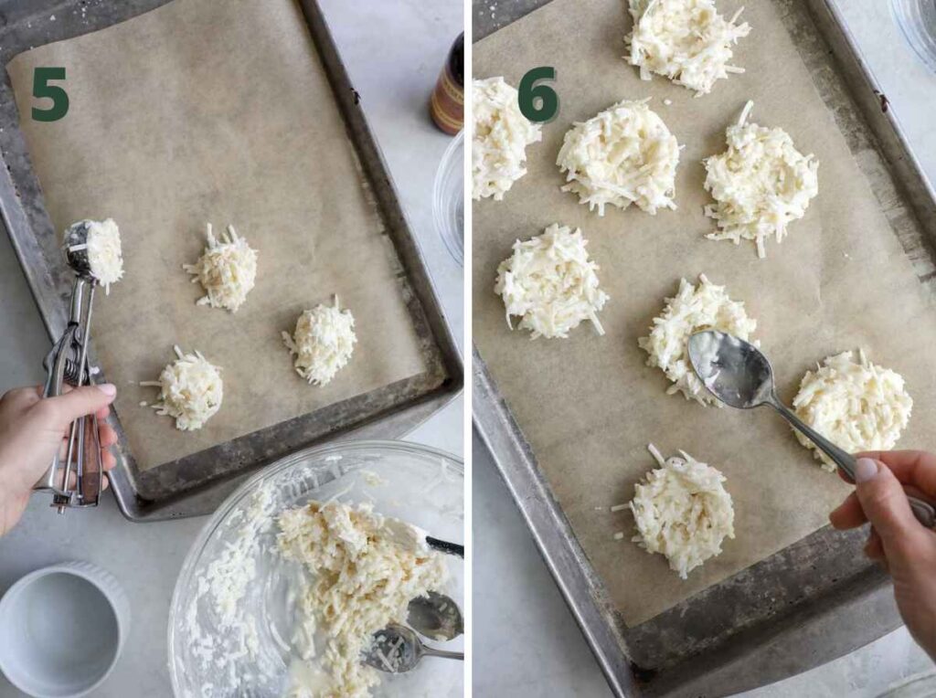 Scoop portions of the mixture onto the baking sheet and shape them into nests by pressing the centers slightly