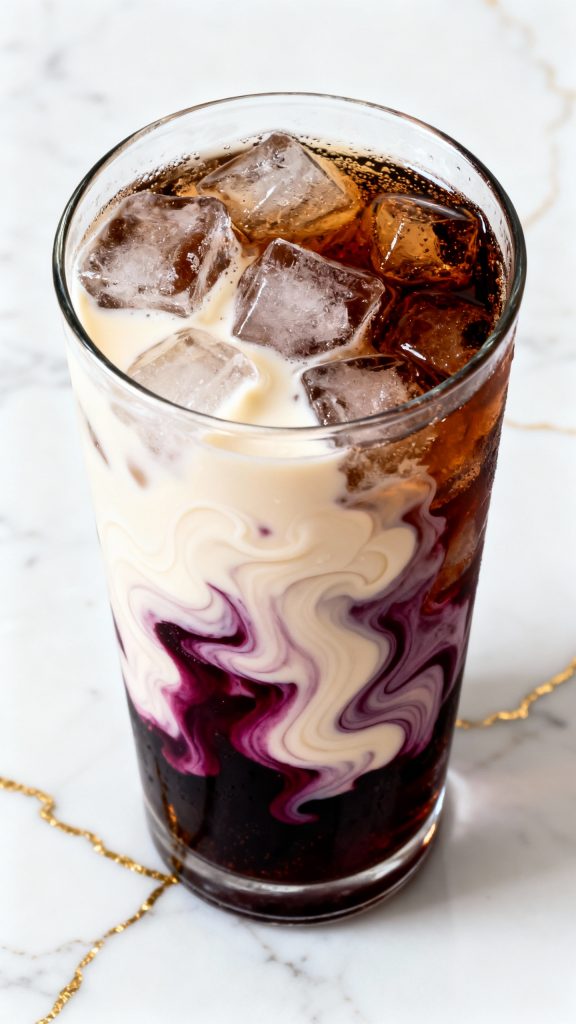 Slowly pour the coconut-vanilla mixture over the back of a spoon so it floats gently on top of the soda