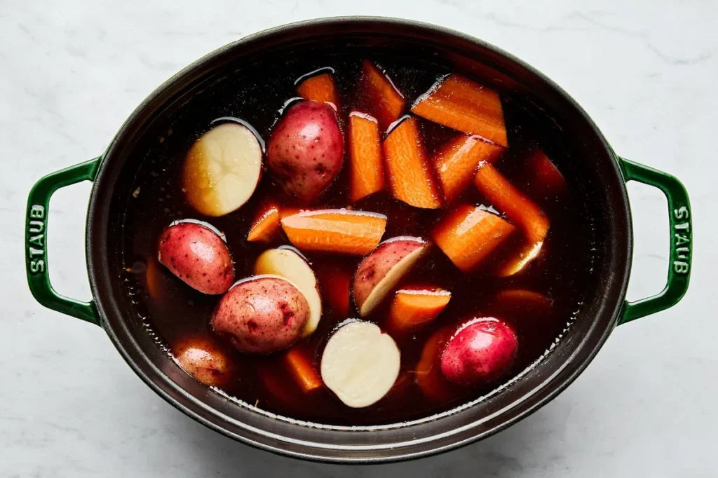 Transfer the cooked beef to a cutting board and allow it to rest while preparing the vegetables.