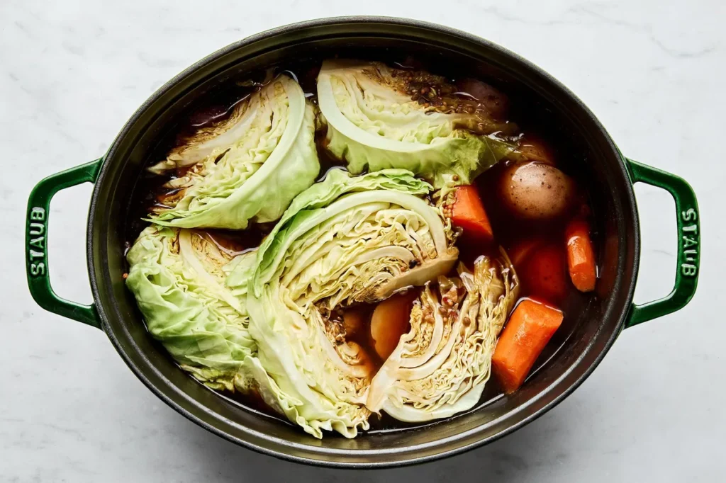Add the potatoes and carrots to the simmering cooking liquid and cook for about 20 minutes. Then add the cabbage wedges and continue cooking for about 10 minutes, or until all vegetables are tender.