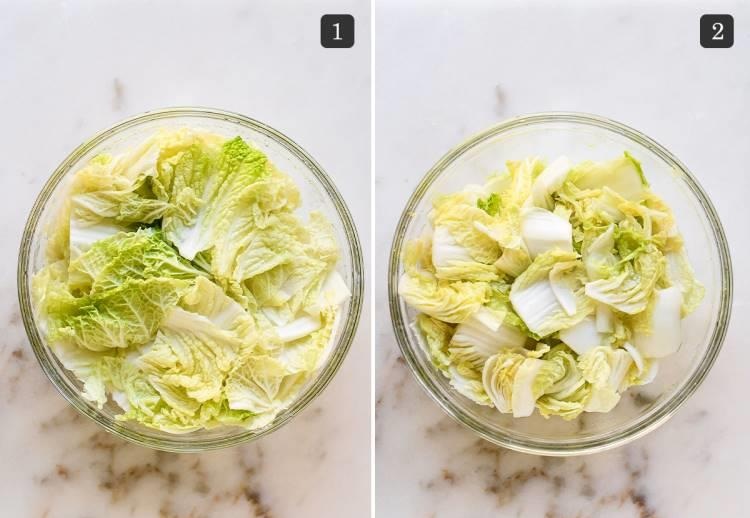 Transfer the wet cabbage into a large bowl and sprinkle salt over layers of leaves, repeating until all cabbage is salted evenly. Let it sit so the salt draws out moisture and softens the leaves