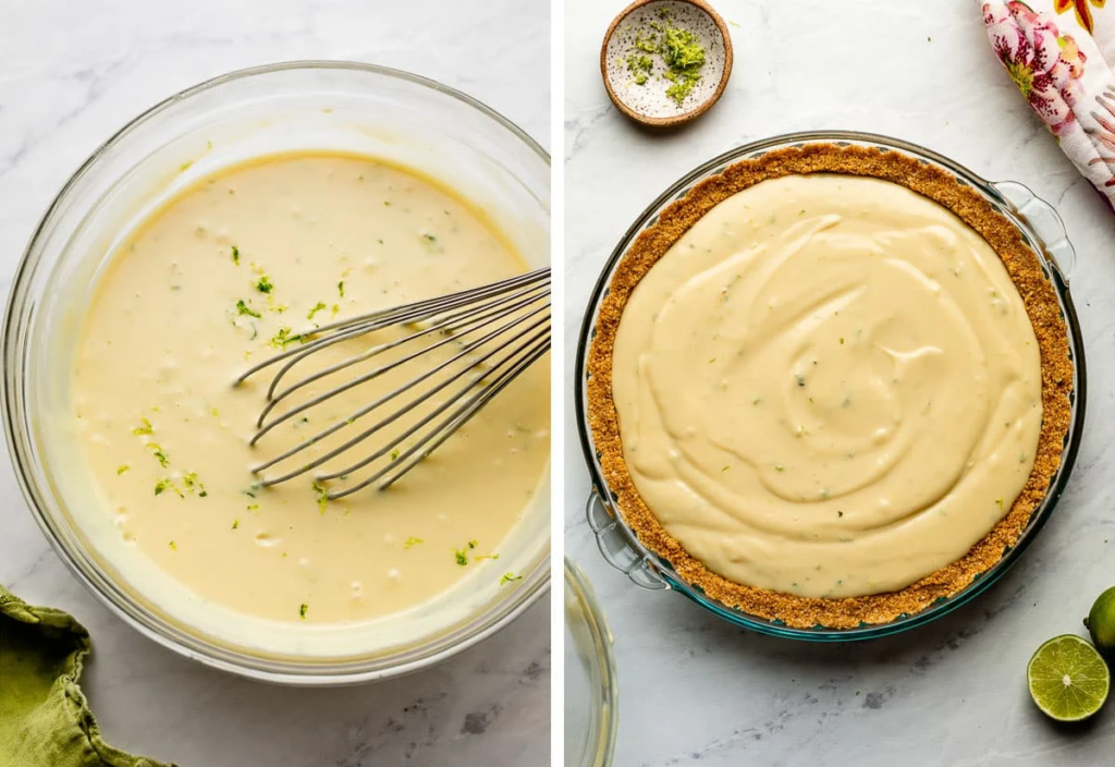 Whisk together the sweetened condensed milk, lime juice, egg yolks, and lime zest until smooth and fully combined. Pour the filling into the warm crust and spread evenly