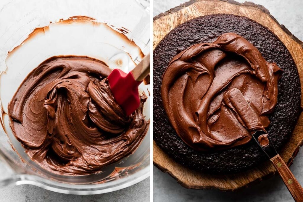 Level the cake layers if needed. Place one layer on a serving plate and spread about 1 cup of frosting on top. Add the second layer and frost the top and sides of the cake.