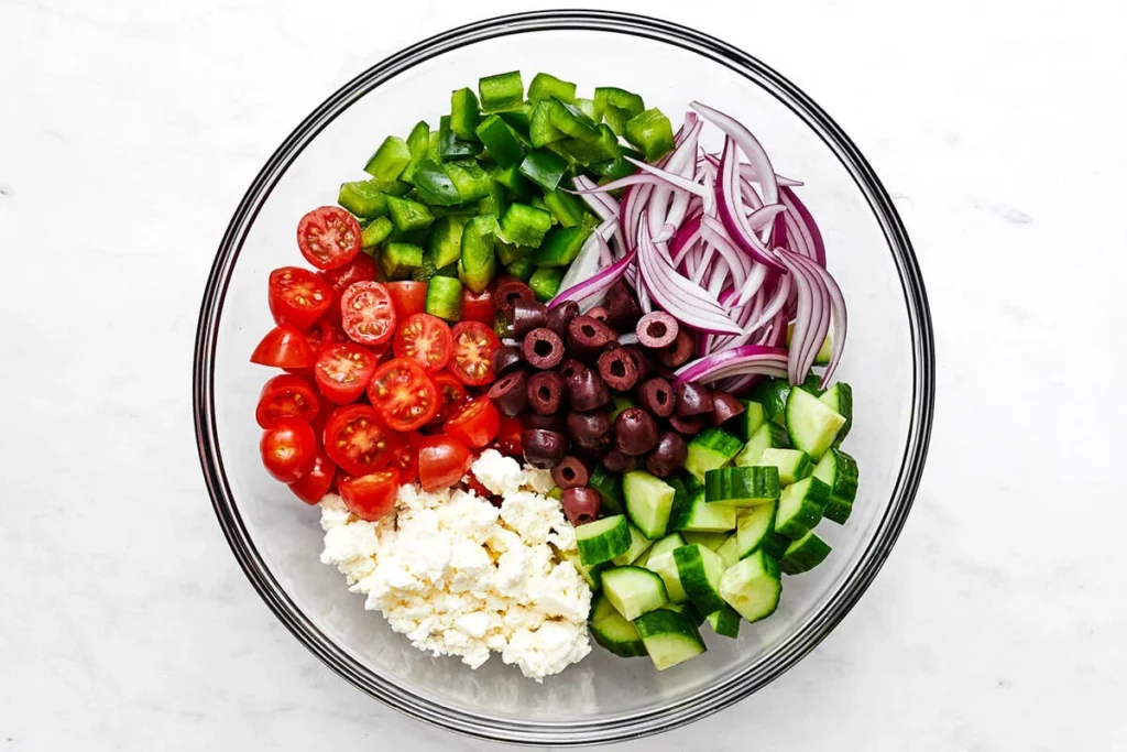 Add the diced cucumber, halved tomatoes, bell pepper, sliced onion, olives, and crumbled feta to a large mixing bowl, arranging them evenly so each ingredient is well distributed