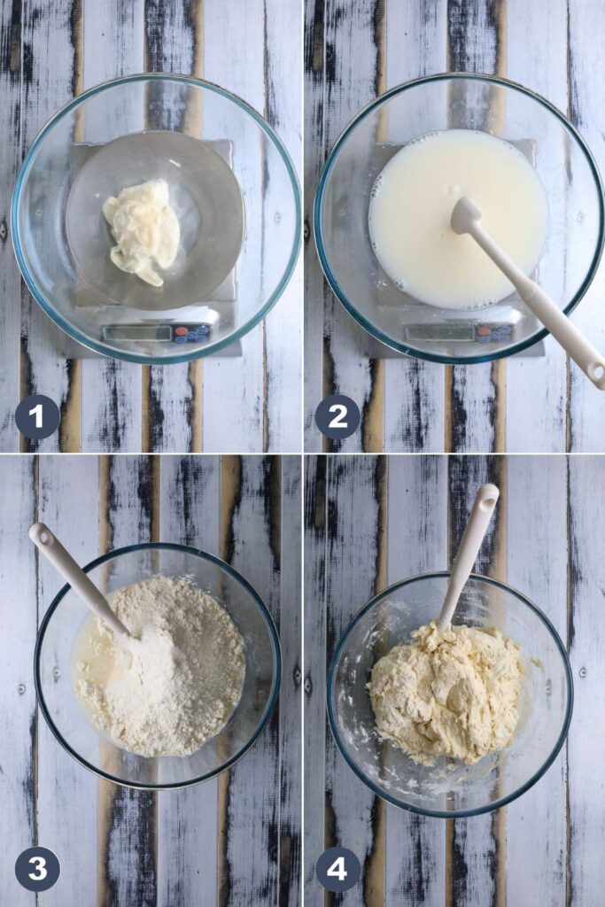 Add the flour and salt, then mix everything together until a shaggy dough forms. Cover the bowl and let the dough rest so it can hydrate and begin developing structure