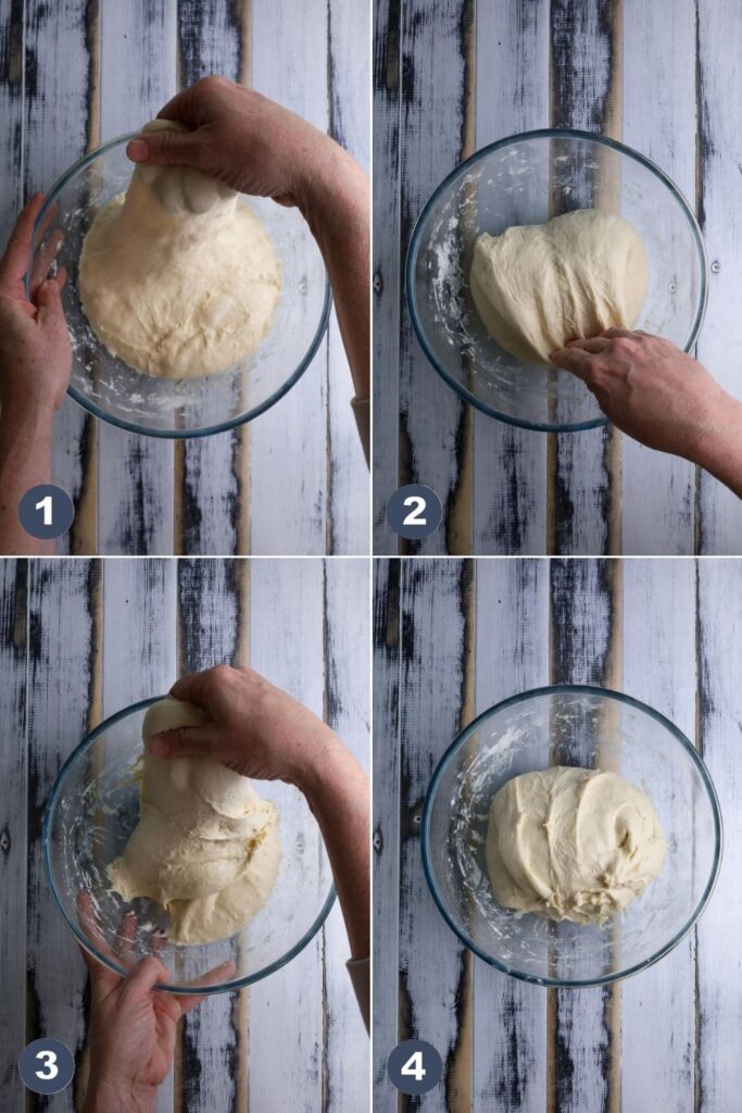 After resting, begin forming the dough by stretching and folding it over itself repeatedly until it becomes smoother and more elastic.