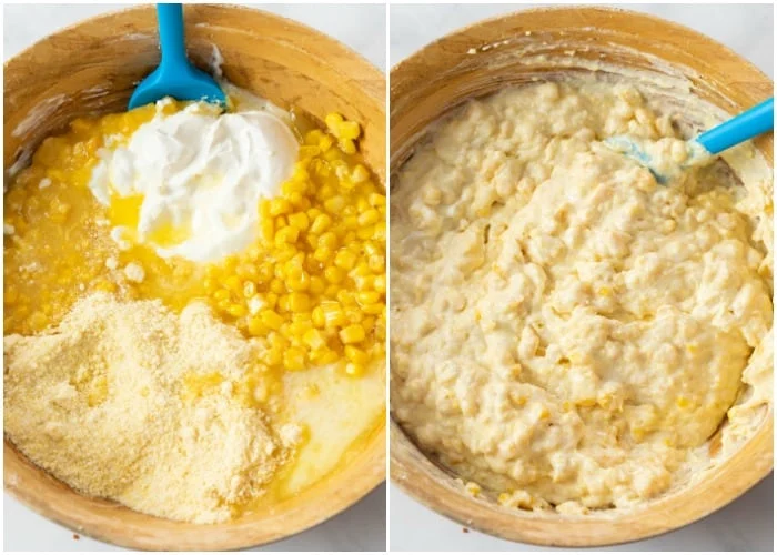 In a large bowl, combine the creamed corn, drained whole kernel corn, corn muffin mix, sour cream, and melted butter. Mix until everything is evenly incorporated and the batter looks smooth and thick