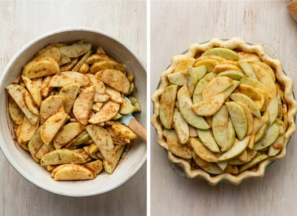 In a large bowl, mix the apple slices with sugar, flour, lemon juice, spices, and vanilla until evenly coated.