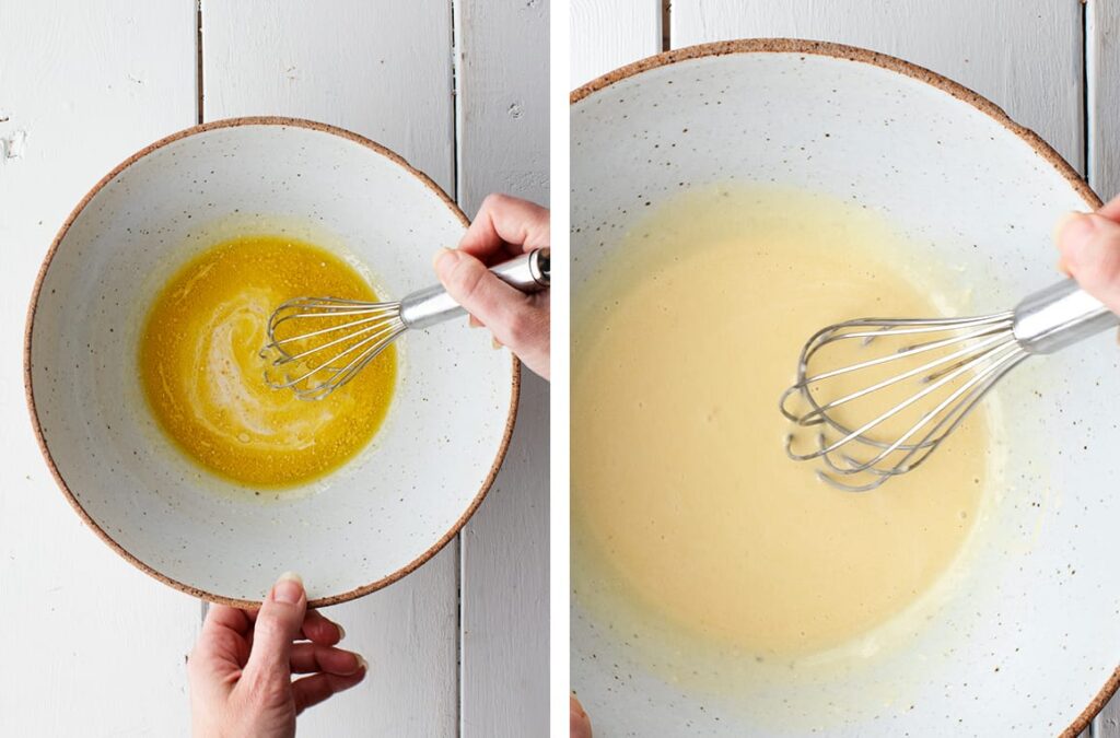 In a large bowl, whisk together olive oil, mayonnaise, apple cider vinegar, Dijon mustard, maple syrup, garlic, and salt until smooth and well combined