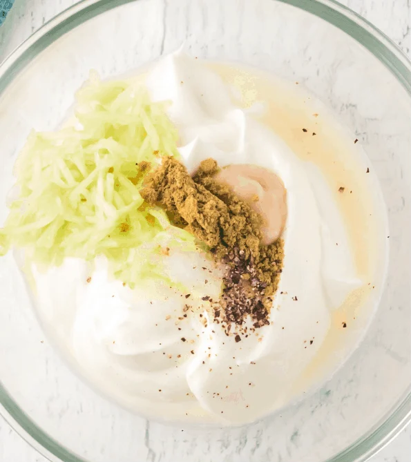 In a separate bowl, combine all the yogurt sauce ingredients and mix until smooth