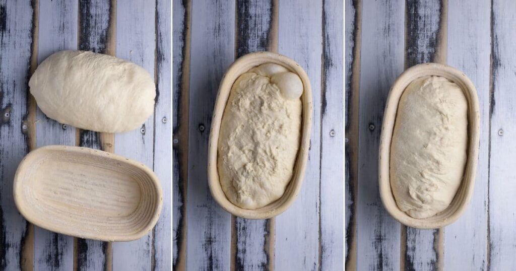 Place the shaped dough into a floured proofing basket with the seam side up. Cover and transfer it to the refrigerator for a cold fermentation, which enhances flavor and improves texture
