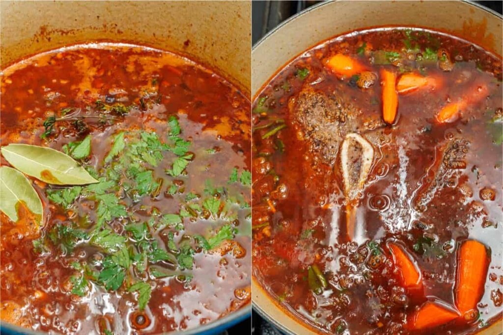 Add beef stock, herbs, and seasoning. Return the roast to the pot along with the carrots, bringing everything to a gentle boil.
