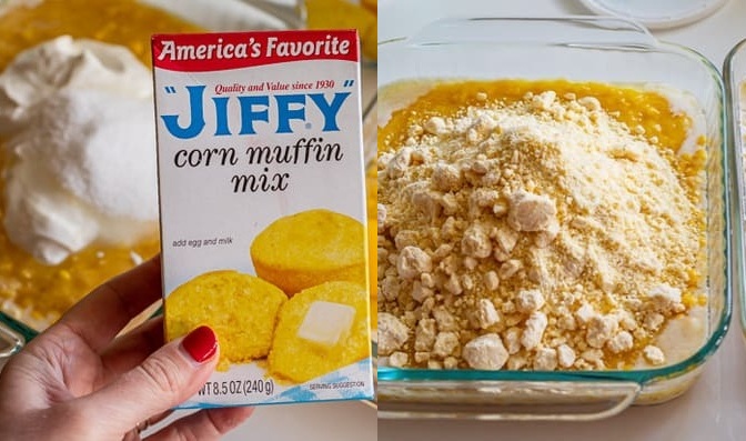 Sprinkle the corn muffin mix over the top
