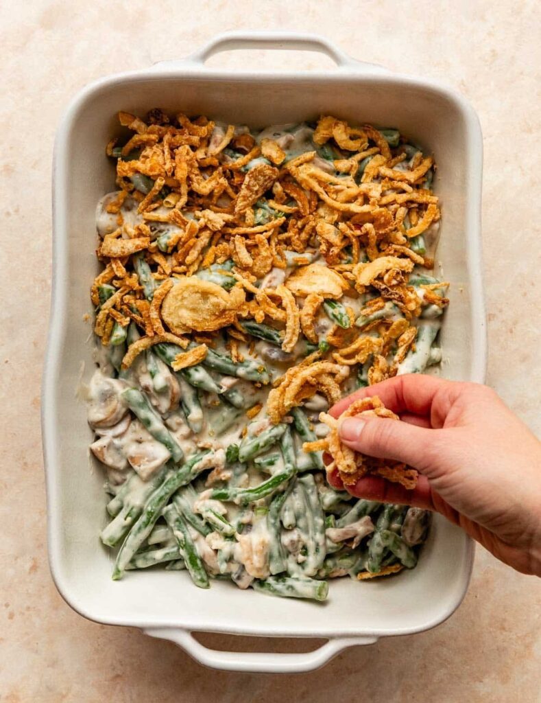 Top with the remaining onions and bake until the casserole is bubbling around the edges and heated through.