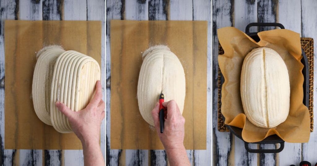 When ready to bake, preheat your oven with the Dutch oven inside until very hot. Remove the dough from the fridge, gently place it onto parchment paper, and score the top to control how it expands