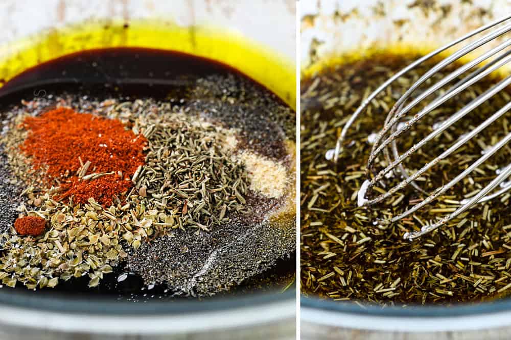 While the carrots roast, whisk together balsamic vinegar, olive oil, honey, and all the seasonings in a small bowl until well combined