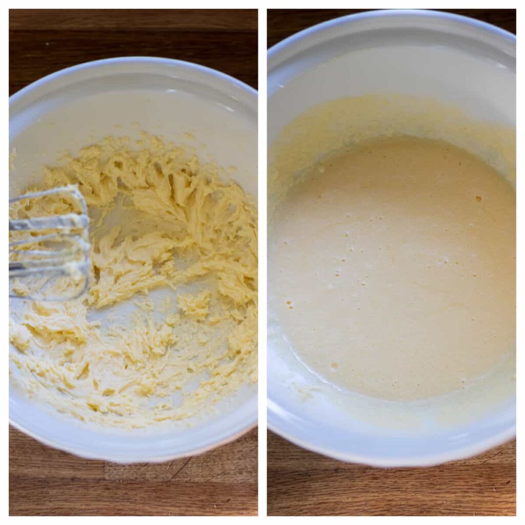 Beat the butter and sugar together in a mixing bowl until the mixture becomes light and fluffy.